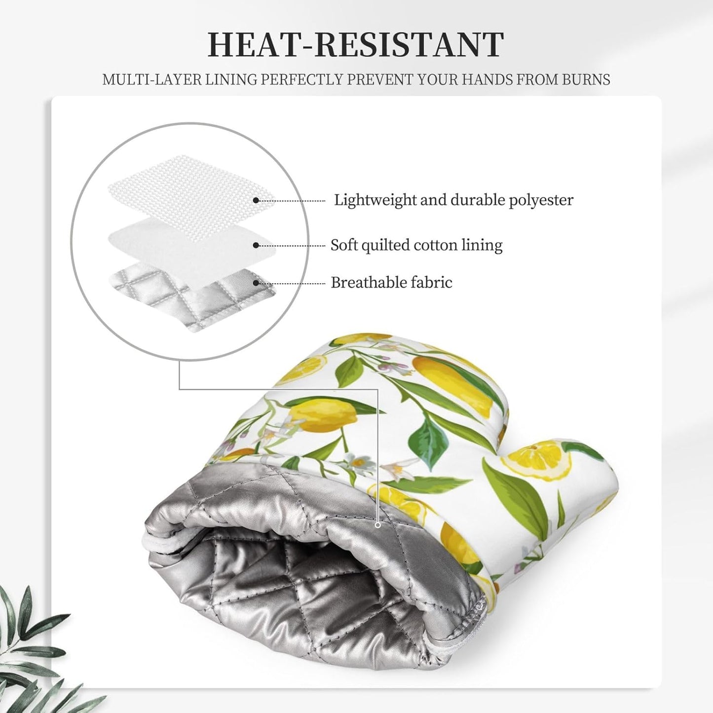 Lemons Oven Mitts and Pot Holders 4 pcs Set Silicone Lemon Fruits White Flower Kitchen Oven Mitt Gloves Lemons Pot Holders Non-Slip Heat Resistant Cooking Mitts Set for Kitchen Baking Grilling