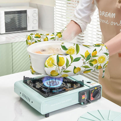 Lemons Oven Mitts and Pot Holders 4 pcs Set Silicone Lemon Fruits White Flower Kitchen Oven Mitt Gloves Lemons Pot Holders Non-Slip Heat Resistant Cooking Mitts Set for Kitchen Baking Grilling
