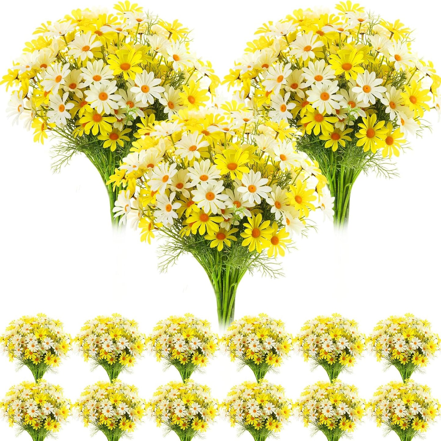 100 Pcs Artificial Daisy Flowers Bulk Realistic Fake Daisies Faux Wildflower Daisy UV Resistant Silk Fake Flowers Plants for Outside Wedding Garden Home Table Decor (White,Yellow)