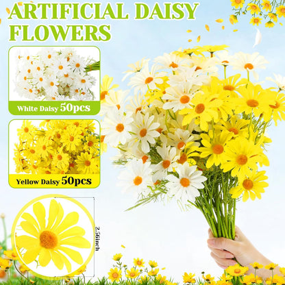 100 Pcs Artificial Daisy Flowers Bulk Realistic Fake Daisies Faux Wildflower Daisy UV Resistant Silk Fake Flowers Plants for Outside Wedding Garden Home Table Decor (White,Yellow)