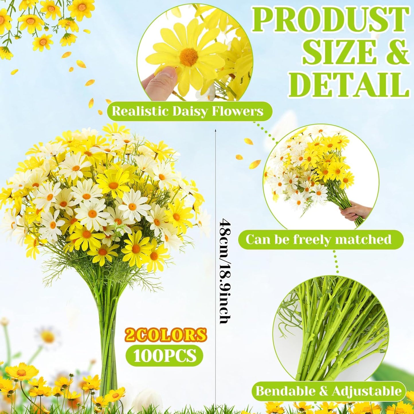 100 Pcs Artificial Daisy Flowers Bulk Realistic Fake Daisies Faux Wildflower Daisy UV Resistant Silk Fake Flowers Plants for Outside Wedding Garden Home Table Decor (White,Yellow)