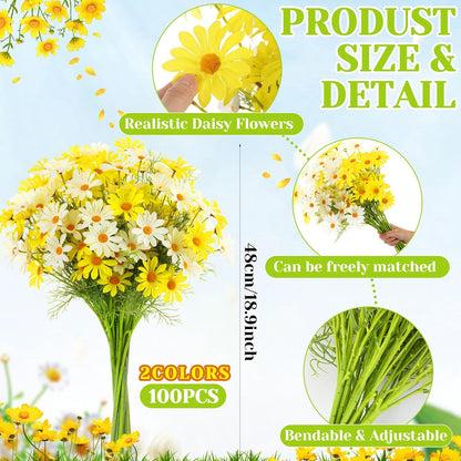 100 Pcs Artificial Daisy Flowers Bulk Realistic Fake Daisies Faux Wildflower Daisy UV Resistant Silk Fake Flowers Plants for Outside Wedding Garden Home Table Decor (White,Yellow)