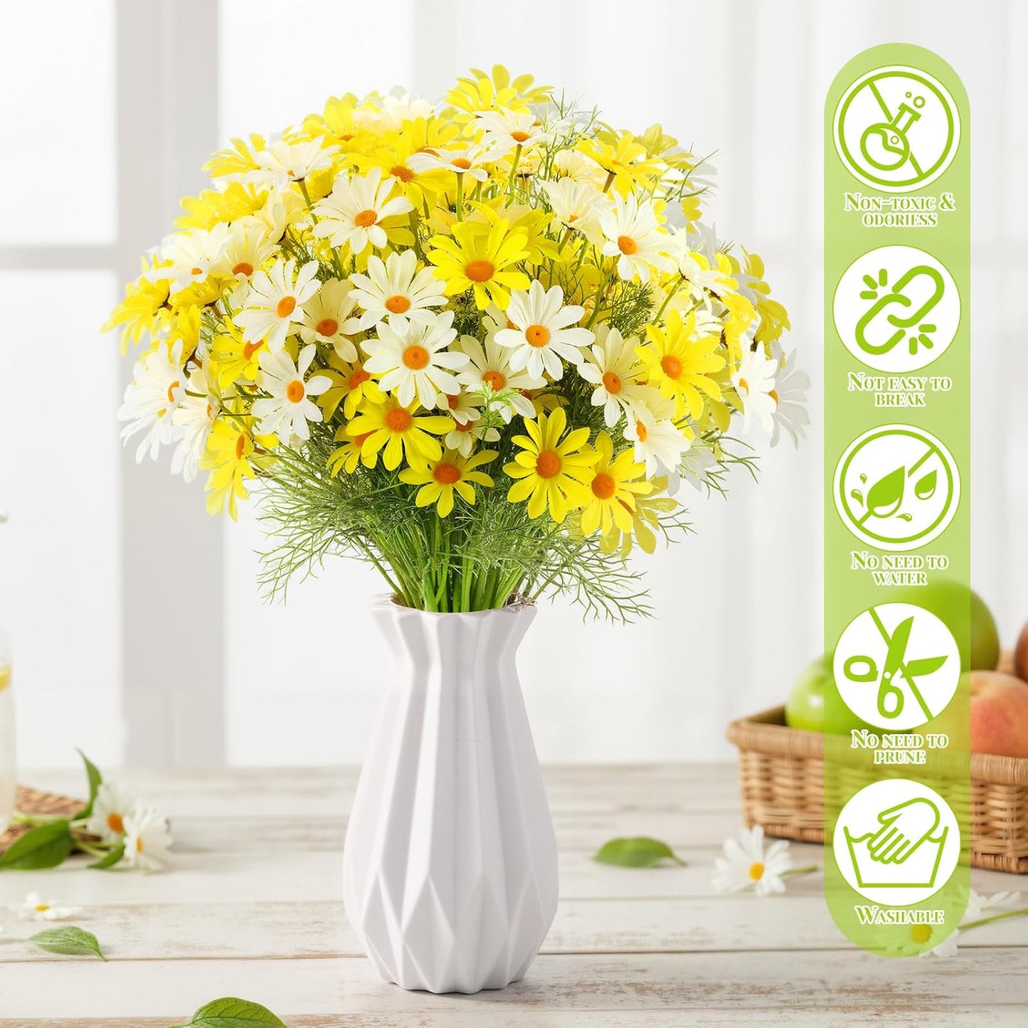 100 Pcs Artificial Daisy Flowers Bulk Realistic Fake Daisies Faux Wildflower Daisy UV Resistant Silk Fake Flowers Plants for Outside Wedding Garden Home Table Decor (White,Yellow)