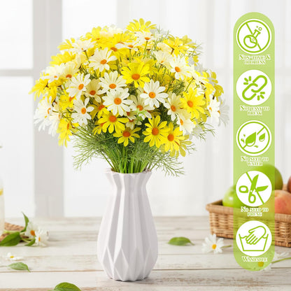 100 Pcs Artificial Daisy Flowers Bulk Realistic Fake Daisies Faux Wildflower Daisy UV Resistant Silk Fake Flowers Plants for Outside Wedding Garden Home Table Decor (White,Yellow)