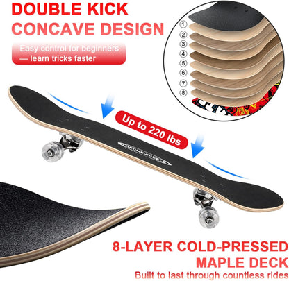 31 inch Skateboard Double Kick Skate Board Cruiser Longboard 8 Layer Maple Deck Skateboards for Kids and Beginners