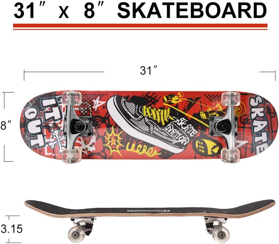 31 inch Skateboard Double Kick Skate Board Cruiser Longboard 8 Layer Maple Deck Skateboards for Kids and Beginners
