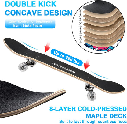 31 inch Skateboard Double Kick Skate Board Cruiser Longboard 8 Layer Maple Deck Skateboards for Kids and Beginners