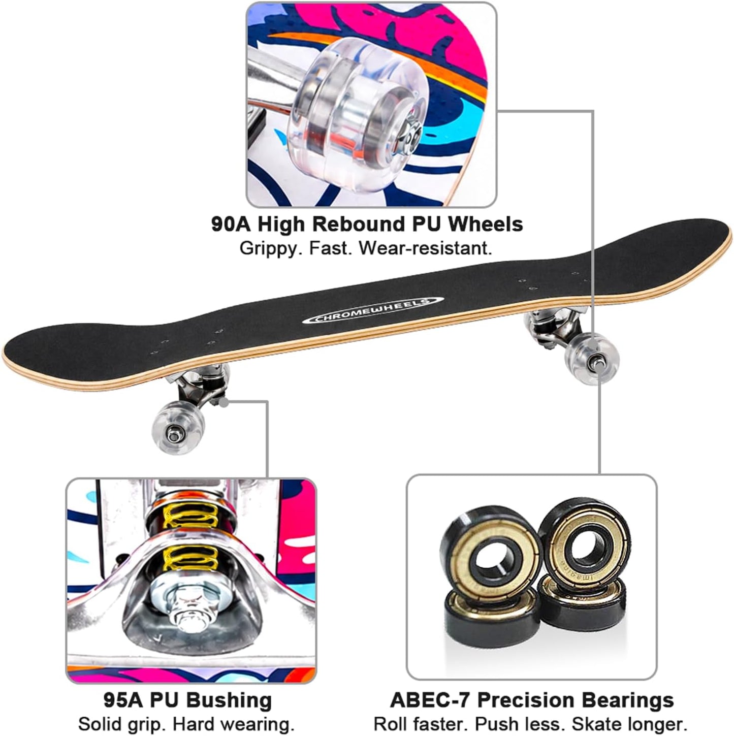 31 inch Skateboard Double Kick Skate Board Cruiser Longboard 8 Layer Maple Deck Skateboards for Kids and Beginners