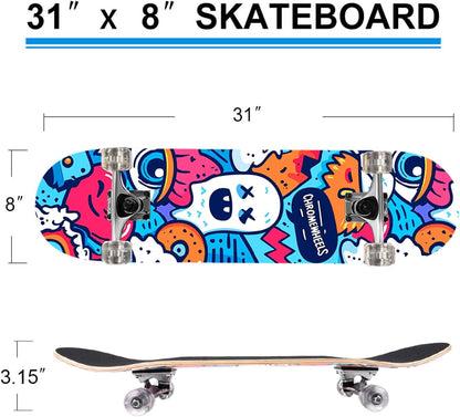 31 inch Skateboard Double Kick Skate Board Cruiser Longboard 8 Layer Maple Deck Skateboards for Kids and Beginners