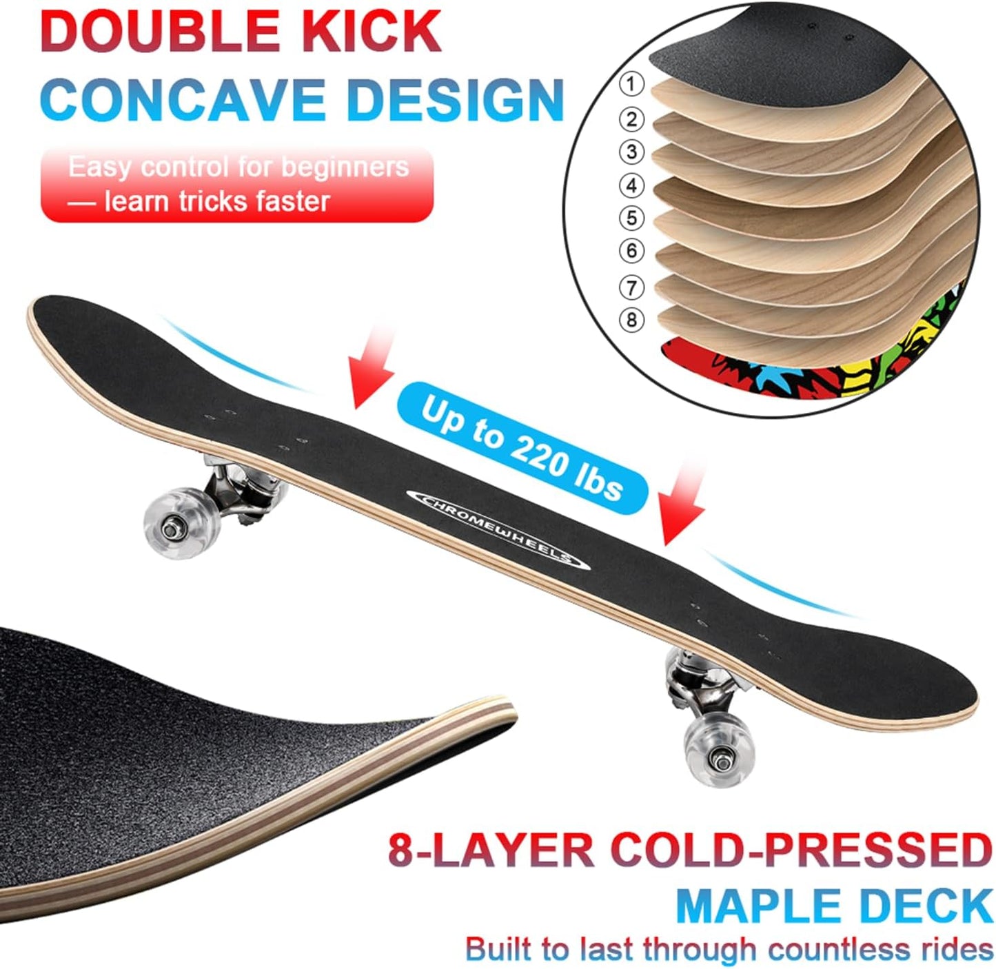 31 inch Skateboard Double Kick Skate Board Cruiser Longboard 8 Layer Maple Deck Skateboards for Kids and Beginners