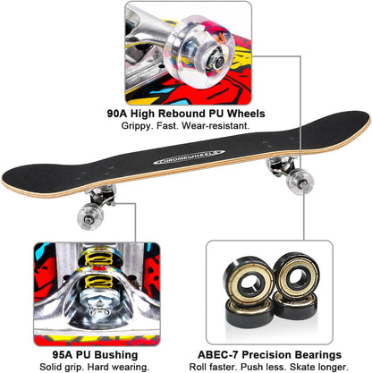 31 inch Skateboard Double Kick Skate Board Cruiser Longboard 8 Layer Maple Deck Skateboards for Kids and Beginners