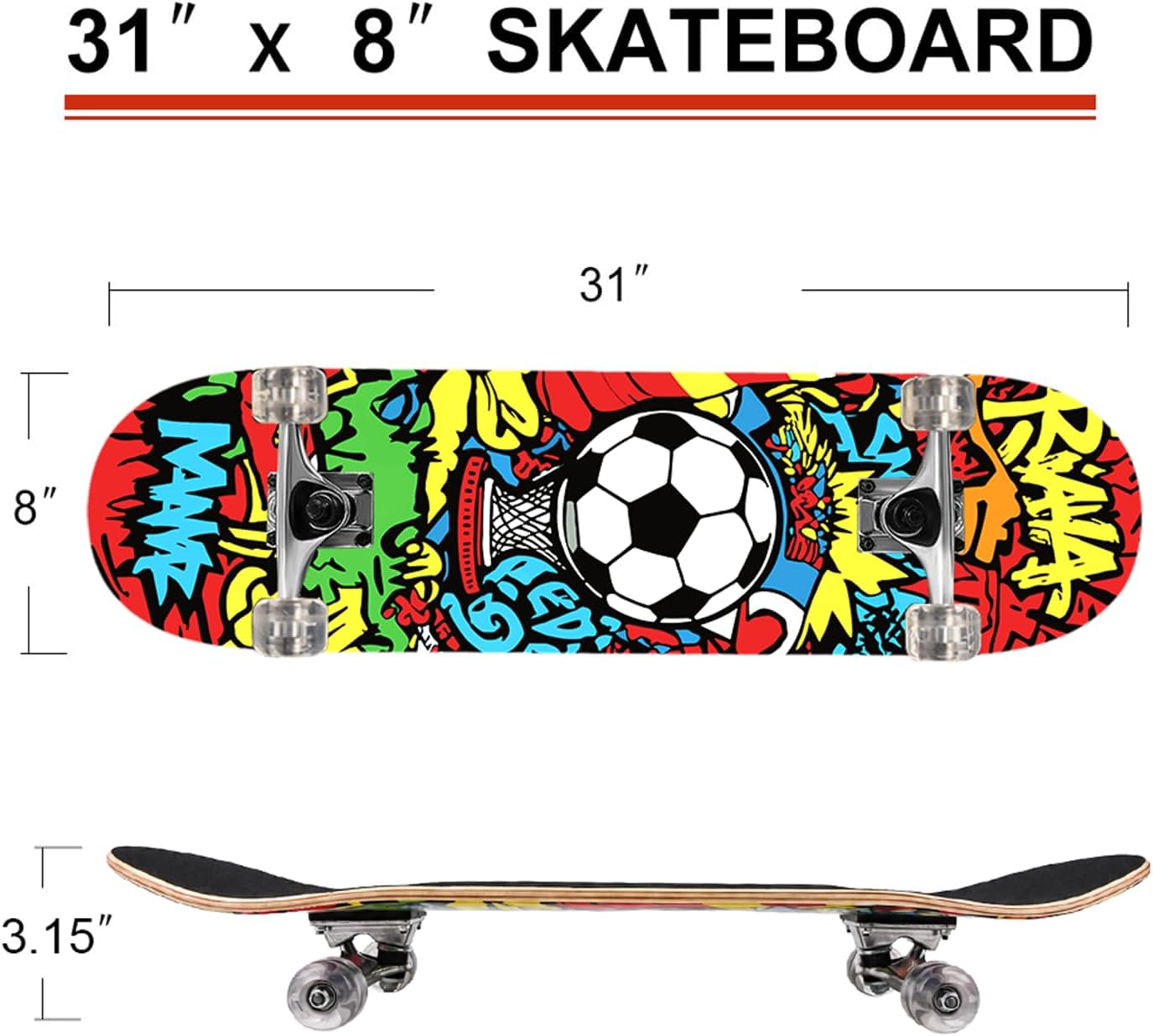 31 inch Skateboard Double Kick Skate Board Cruiser Longboard 8 Layer Maple Deck Skateboards for Kids and Beginners