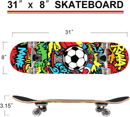 31 inch Skateboard Double Kick Skate Board Cruiser Longboard 8 Layer Maple Deck Skateboards for Kids and Beginners