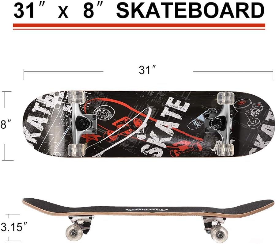 31 inch Skateboard Double Kick Skate Board Cruiser Longboard 8 Layer Maple Deck Skateboards for Kids and Beginners