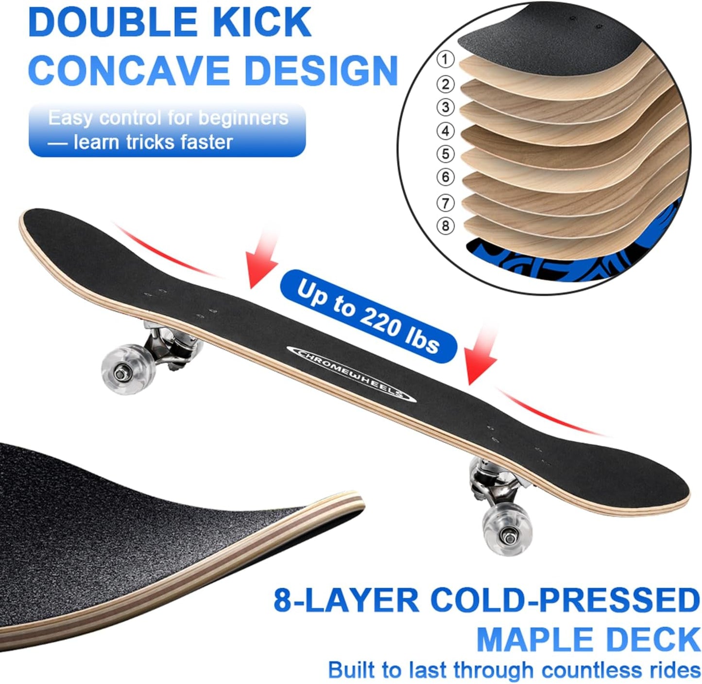 31 inch Skateboard Double Kick Skate Board Cruiser Longboard 8 Layer Maple Deck Skateboards for Kids and Beginners