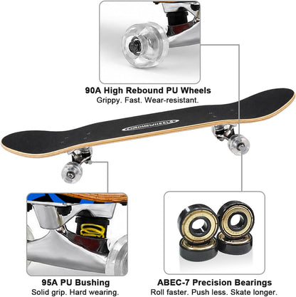 31 inch Skateboard Double Kick Skate Board Cruiser Longboard 8 Layer Maple Deck Skateboards for Kids and Beginners