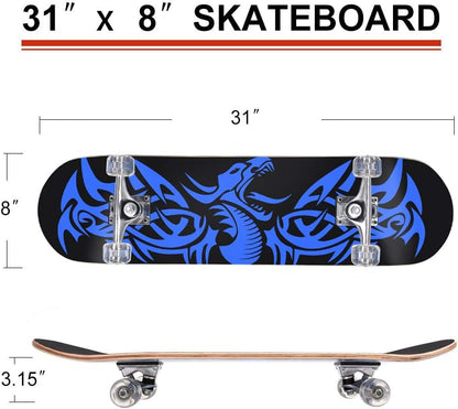 31 inch Skateboard Double Kick Skate Board Cruiser Longboard 8 Layer Maple Deck Skateboards for Kids and Beginners