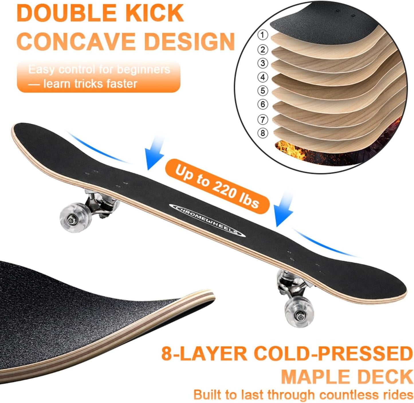 31 inch Skateboard Double Kick Skate Board Cruiser Longboard 8 Layer Maple Deck Skateboards for Kids and Beginners