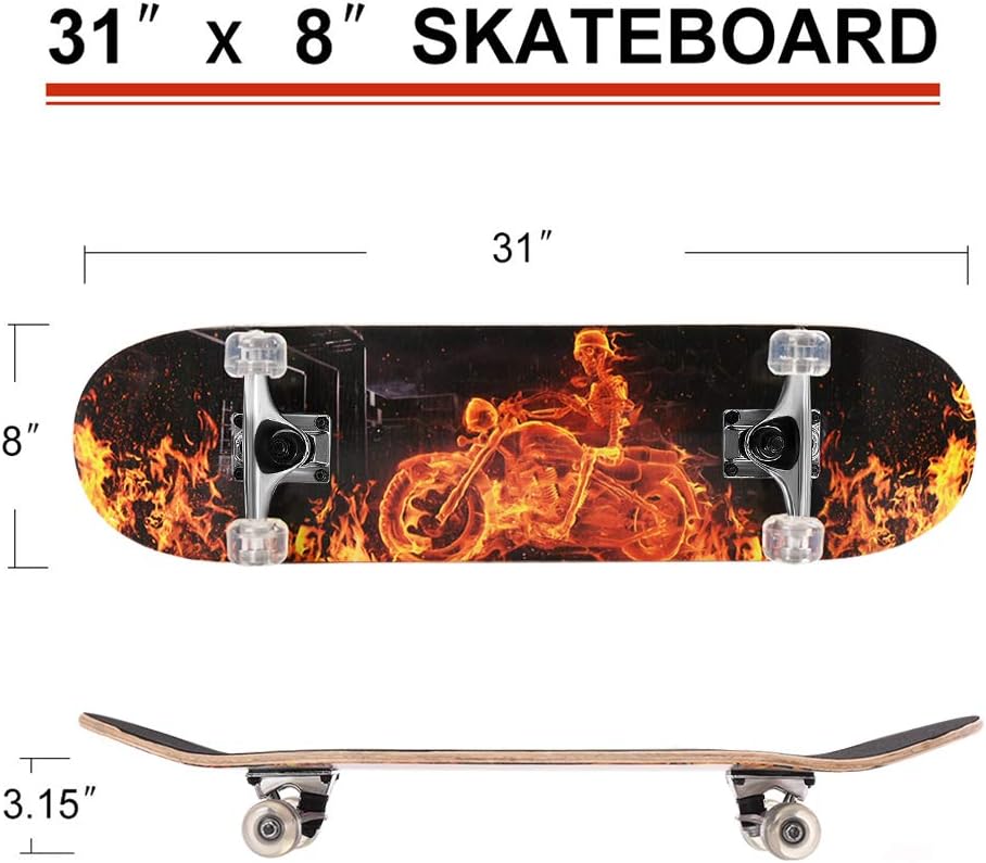 31 inch Skateboard Double Kick Skate Board Cruiser Longboard 8 Layer Maple Deck Skateboards for Kids and Beginners