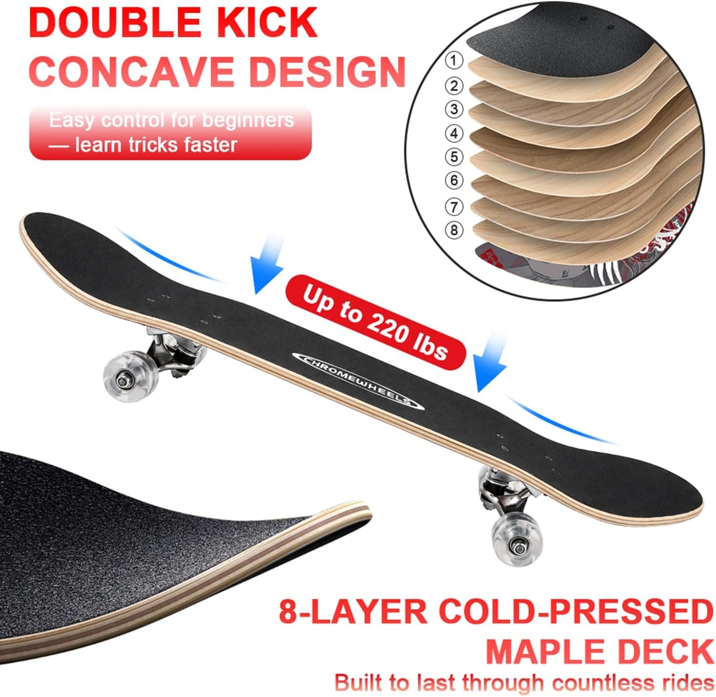 31 inch Skateboard Double Kick Skate Board Cruiser Longboard 8 Layer Maple Deck Skateboards for Kids and Beginners