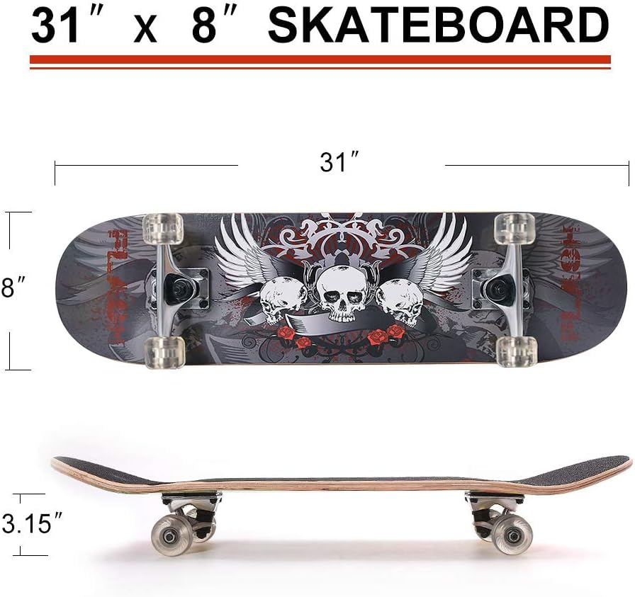 31 inch Skateboard Double Kick Skate Board Cruiser Longboard 8 Layer Maple Deck Skateboards for Kids and Beginners