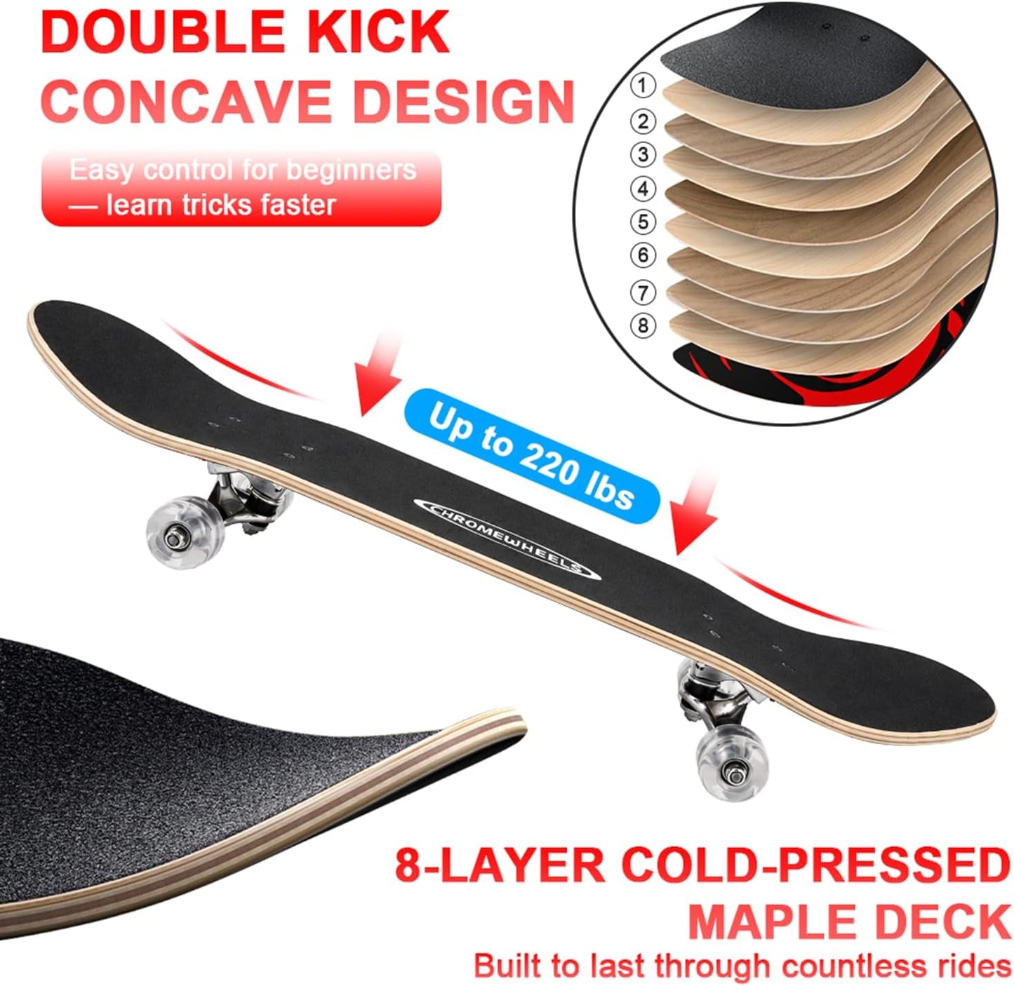 31 inch Skateboard Double Kick Skate Board Cruiser Longboard 8 Layer Maple Deck Skateboards for Kids and Beginners