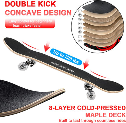 31 inch Skateboard Double Kick Skate Board Cruiser Longboard 8 Layer Maple Deck Skateboards for Kids and Beginners