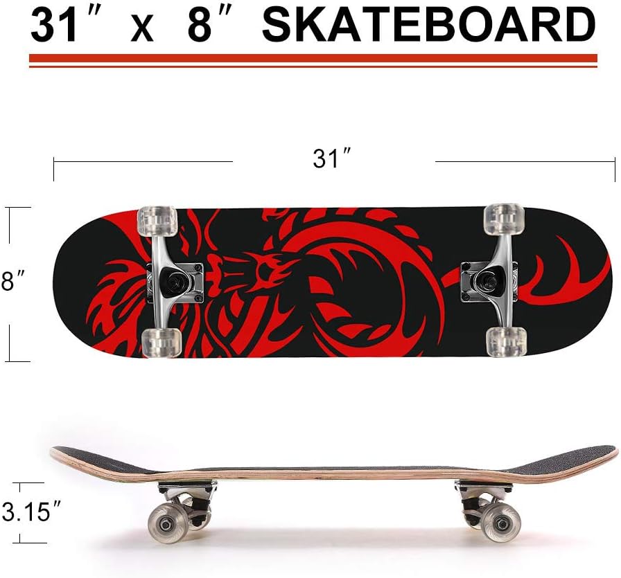 31 inch Skateboard Double Kick Skate Board Cruiser Longboard 8 Layer Maple Deck Skateboards for Kids and Beginners