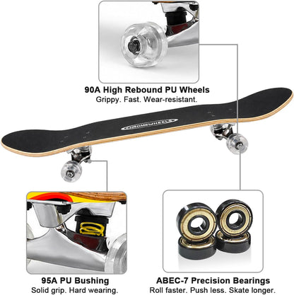 31 inch Skateboard Double Kick Skate Board Cruiser Longboard 8 Layer Maple Deck Skateboards for Kids and Beginners
