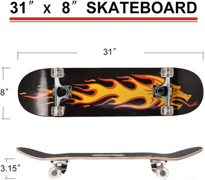 31 inch Skateboard Double Kick Skate Board Cruiser Longboard 8 Layer Maple Deck Skateboards for Kids and Beginners