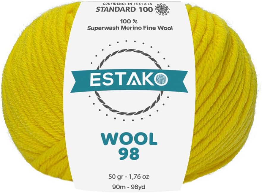 Wool 98 100% Superwash Merino Wool Medium Worsted Weight Soft Knitting and Crochet Yarn 1.76 oz (50gr) 98 yds (90 m) (6366-Yellow)