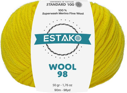 Wool 98 100% Superwash Merino Wool Medium Worsted Weight Soft Knitting and Crochet Yarn 1.76 oz (50gr) 98 yds (90 m) (6366-Yellow)