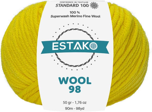 Wool 98 100% Superwash Merino Wool Medium Worsted Weight Soft Knitting and Crochet Yarn 1.76 oz (50gr) 98 yds (90 m) (6366-Yellow)