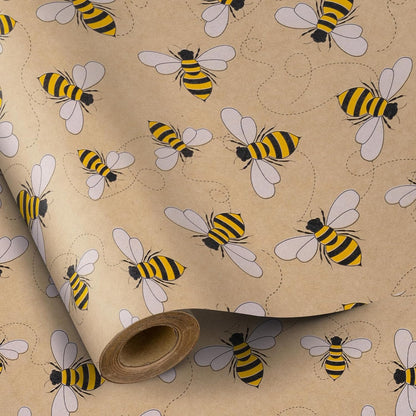 Bee Wrapping Paper Roll, Mini Roll, Honey Bee Design Kraft Gift Wrap Paper Great for Birthday, Party, Holiday, Baby Shower, 17 Inches X 16.4 Feet