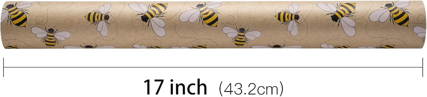 Bee Wrapping Paper Roll, Mini Roll, Honey Bee Design Kraft Gift Wrap Paper Great for Birthday, Party, Holiday, Baby Shower, 17 Inches X 16.4 Feet