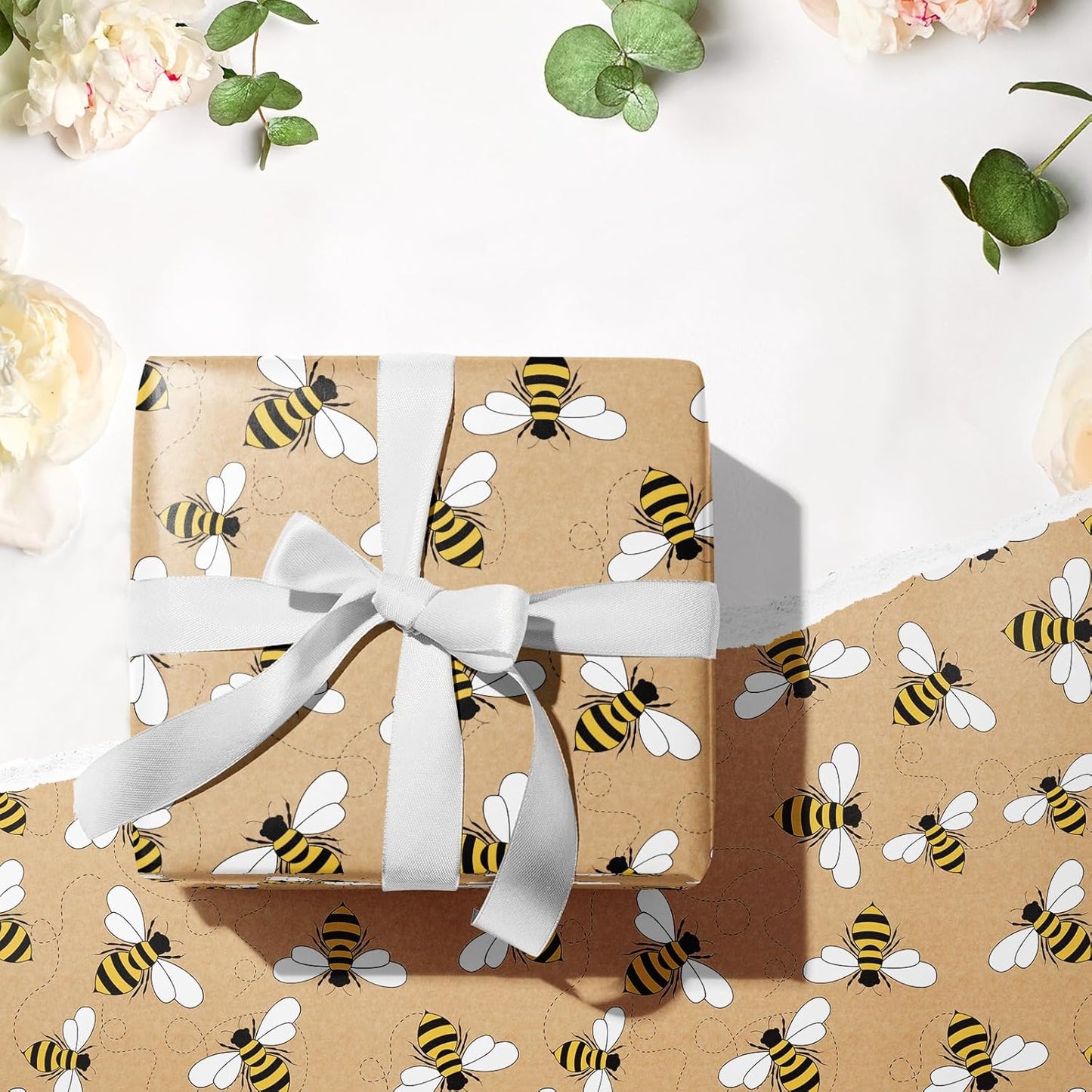 Bee Wrapping Paper Roll, Mini Roll, Honey Bee Design Kraft Gift Wrap Paper Great for Birthday, Party, Holiday, Baby Shower, 17 Inches X 16.4 Feet