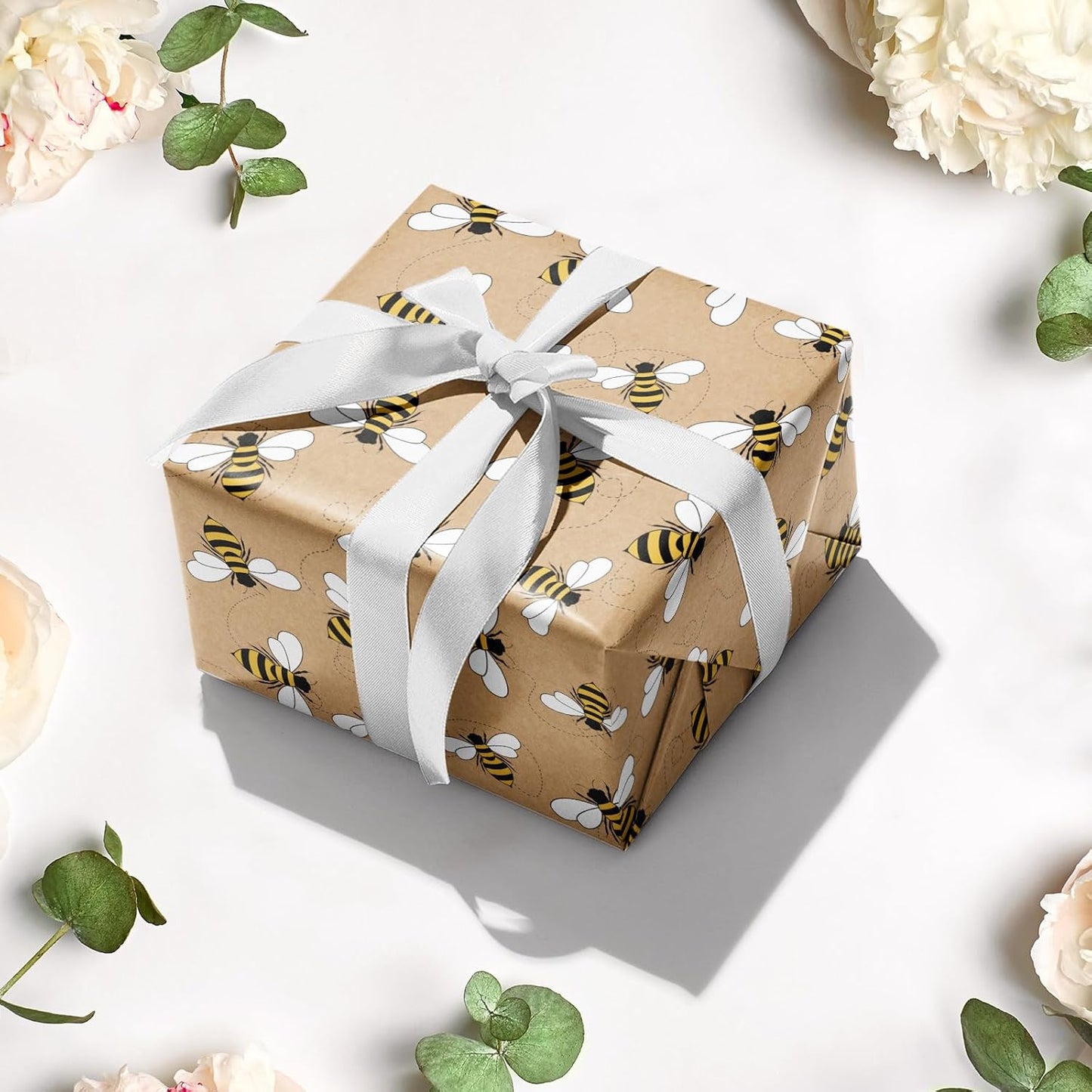 Bee Wrapping Paper Roll, Mini Roll, Honey Bee Design Kraft Gift Wrap Paper Great for Birthday, Party, Holiday, Baby Shower, 17 Inches X 16.4 Feet