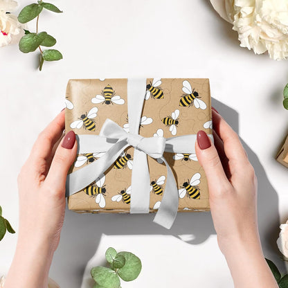 Bee Wrapping Paper Roll, Mini Roll, Honey Bee Design Kraft Gift Wrap Paper Great for Birthday, Party, Holiday, Baby Shower, 17 Inches X 16.4 Feet