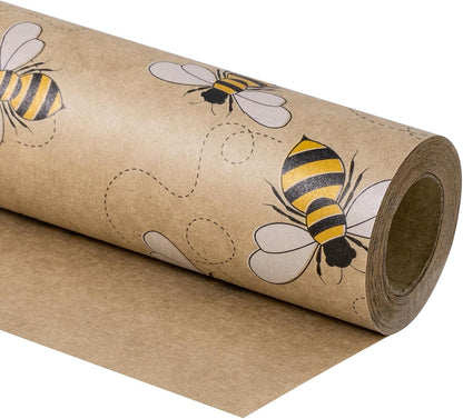 Bee Wrapping Paper Roll, Mini Roll, Honey Bee Design Kraft Gift Wrap Paper Great for Birthday, Party, Holiday, Baby Shower, 17 Inches X 16.4 Feet