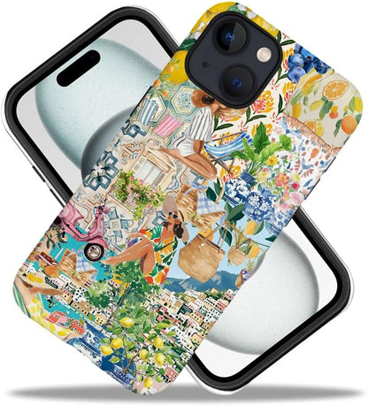 Case Compatible with iPhone 15 Plus,Durable Shock Protection Cover for Girl Women,Coastal Boho Lemon Collage