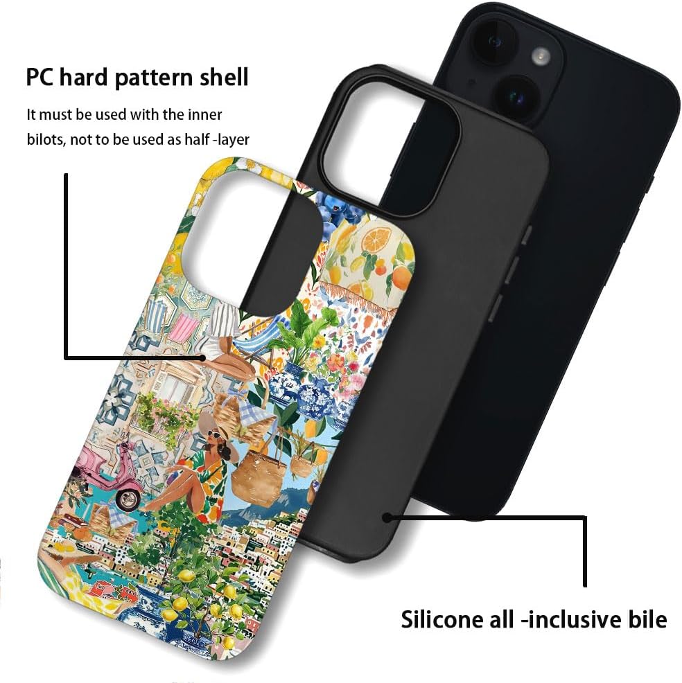 Case Compatible with iPhone 15 Plus,Durable Shock Protection Cover for Girl Women,Coastal Boho Lemon Collage