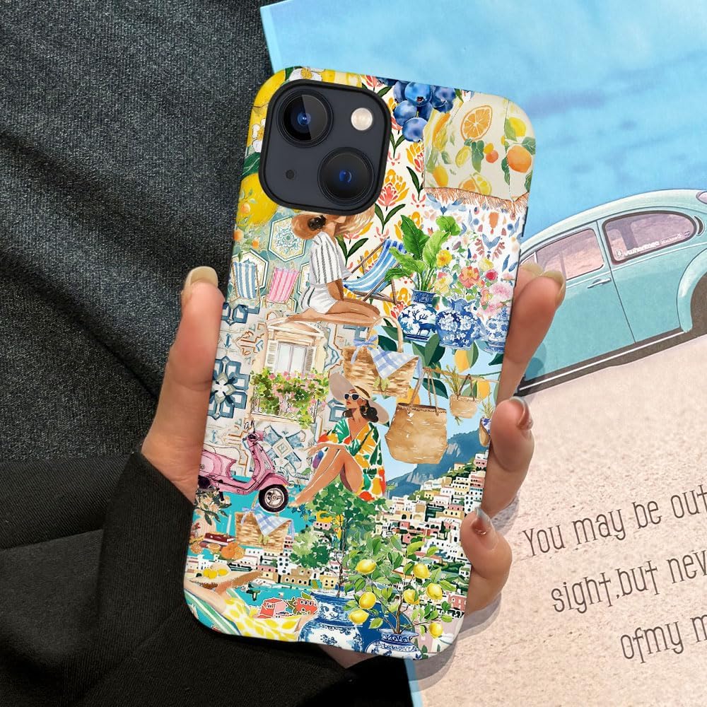Case Compatible with iPhone 15 Plus,Durable Shock Protection Cover for Girl Women,Coastal Boho Lemon Collage