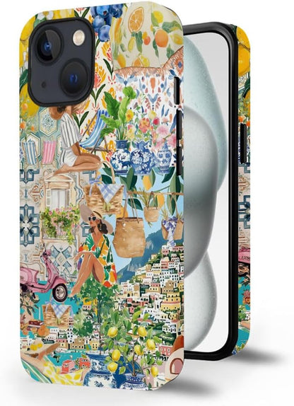Case Compatible with iPhone 15 Plus,Durable Shock Protection Cover for Girl Women,Coastal Boho Lemon Collage