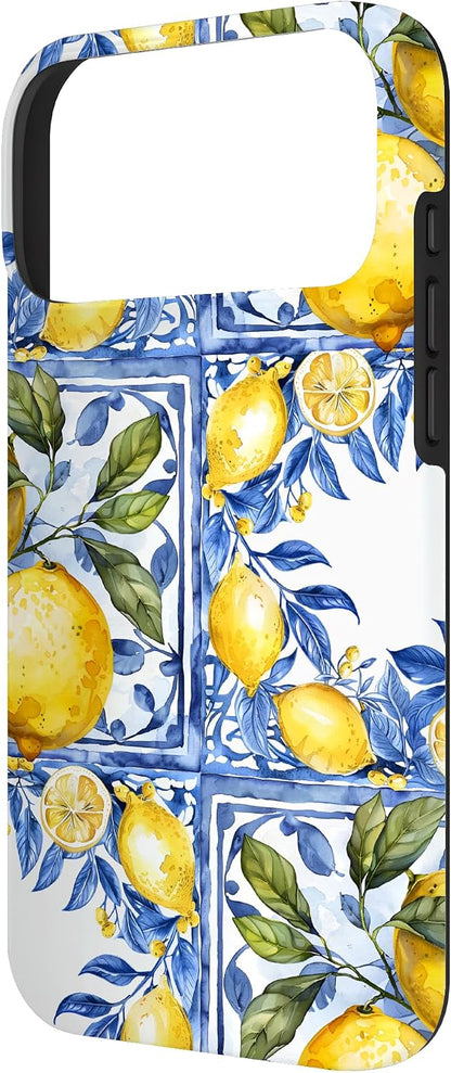 Lemon Italian Blue Tiles Pattern Portugal Morocco azulejo Case for iPhone 17 Pro Max
