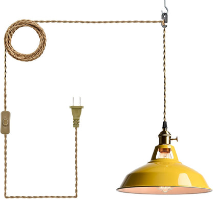 Nordic Hanging Pendant Light with Plug Metal Barn Hanging Light Fixture for Kitchen Bedroom Foyer, Yellow