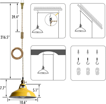 Nordic Hanging Pendant Light with Plug Metal Barn Hanging Light Fixture for Kitchen Bedroom Foyer, Yellow