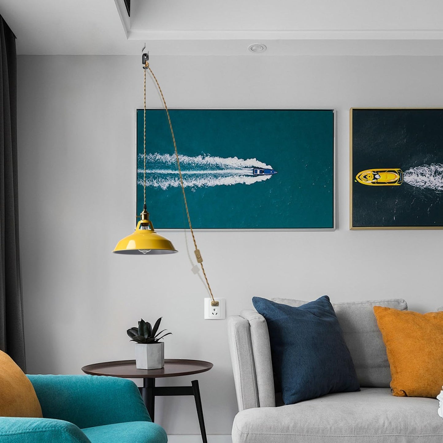 Nordic Hanging Pendant Light with Plug Metal Barn Hanging Light Fixture for Kitchen Bedroom Foyer, Yellow