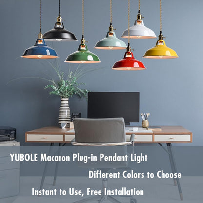 Nordic Hanging Pendant Light with Plug Metal Barn Hanging Light Fixture for Kitchen Bedroom Foyer, Yellow