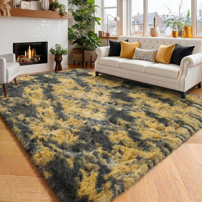 Black Gold Yellow Grey Rugs for Bedroom Living Room Decor, Fluffy Furry Fuzzy Shaggy Area Rug 4x6 for Kids Room Dorm Home Office, Modern Cool Leopard Cheetah Shag Carpet for Teen Boys Men