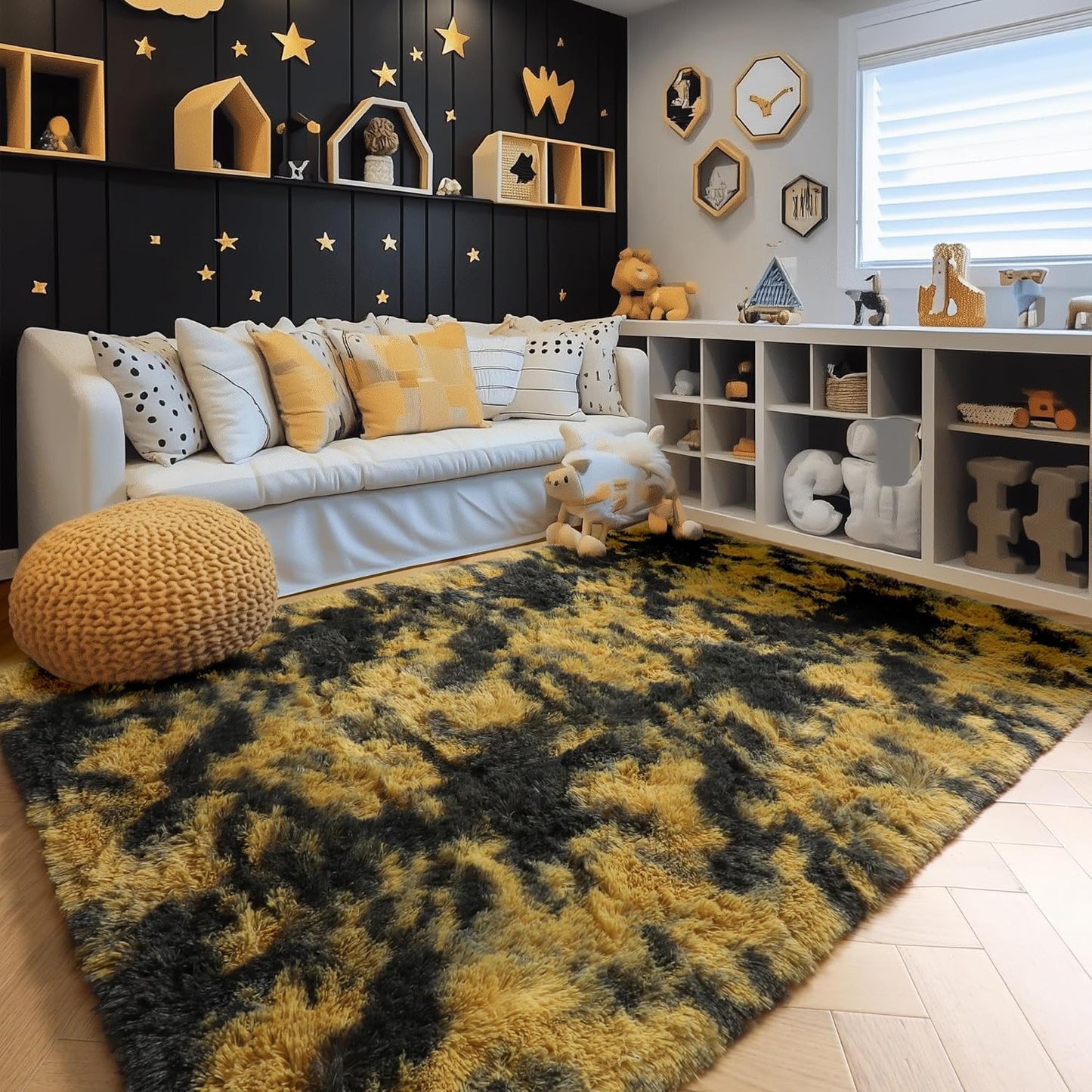 Black Gold Yellow Grey Rugs for Bedroom Living Room Decor, Fluffy Furry Fuzzy Shaggy Area Rug 4x6 for Kids Room Dorm Home Office, Modern Cool Leopard Cheetah Shag Carpet for Teen Boys Men